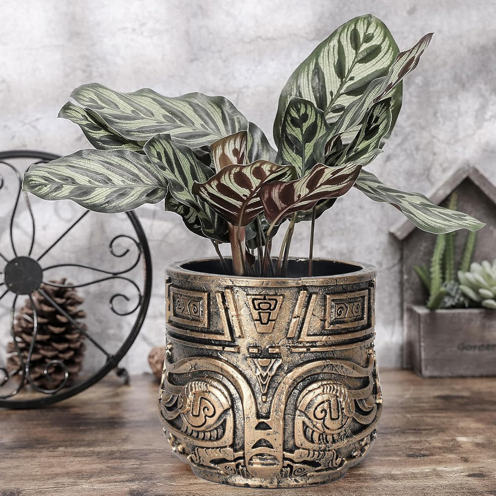 Tribal Vintage Face Planter,Lightweight Unique Plant Pots with Drainage,Eclectic Small Succulent Flower Planters Pots for Outdoor&Indoor Plants,Funny Garden Pot for Room Decor(5.5in,Gold)