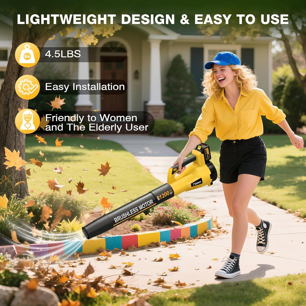 Tietoc Leaf Blower Cordless, 735CFM/200MPH Brushless Electric Leaf Blower with 2 X 5.0Ah Battery, 6 Speed Levels, 2 Extended Tube and Nozzles, Powerful Leaf Blowers for Garden, Lawn Care (Yellow)