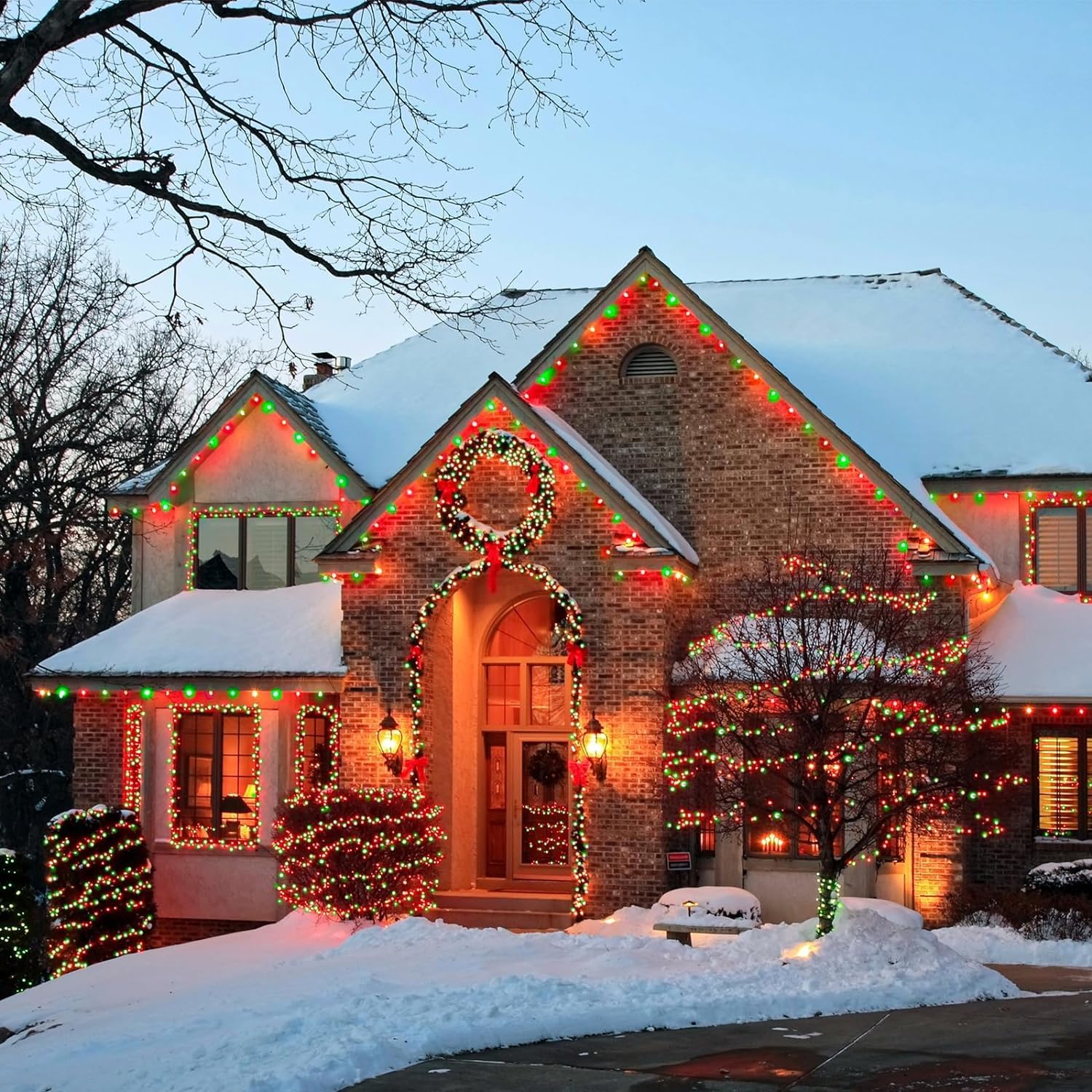 YEGUO Solar Fairy Lights Outdoor Waterproof, 4 Pack Each 33ft 100 LED String Lights, 8 Modes Silver Wire(Green and Red)