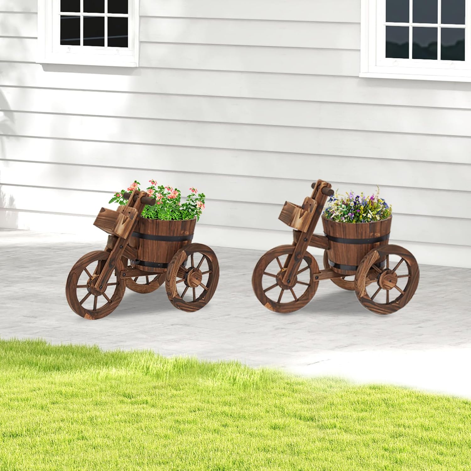 kinbor Outdoor Planters - Rustic Barrel Planter, Wooden Wagon Tricycle Planters for Outdoor Plants