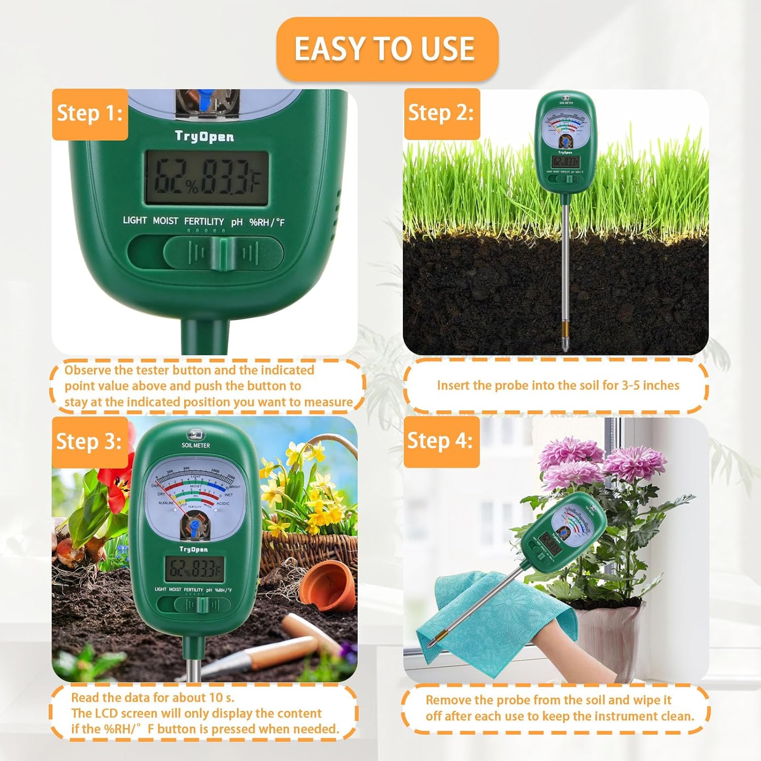7-in-one Soil Test Kit, Soil Moisture Meter/Soil ph Meter/Fertility Soil Tester, Soil Hygrometer for Garden, Farm, Plant, Outdoor, Indoor, Lawn Care Moisture Meter for Hous Plants (No Battery Needed)
