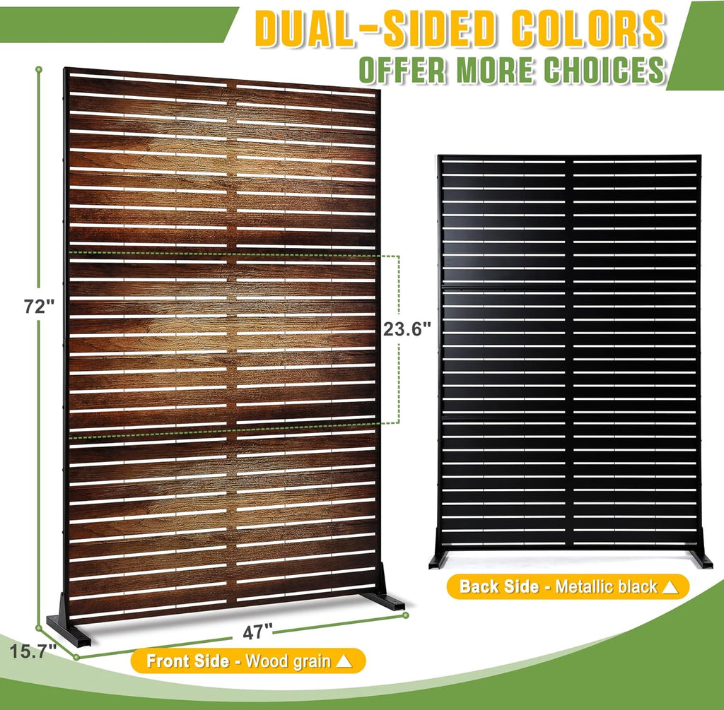 FENCY Metal Outdoor Privacy Screen 72" H×47" W Vintage Wood Color Patio Privacy Screen, Freestanding Decorative for Deck Balcony Patio