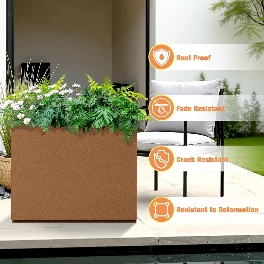 Rectangle Planter for Indoor & Outdoor, Tall and Long Planter Boxes with Drainage Holes, Mental Divider Planter Box All-Weather Use for Plants, Flowers, 29.9" L x 12" W x 24" H, Brown