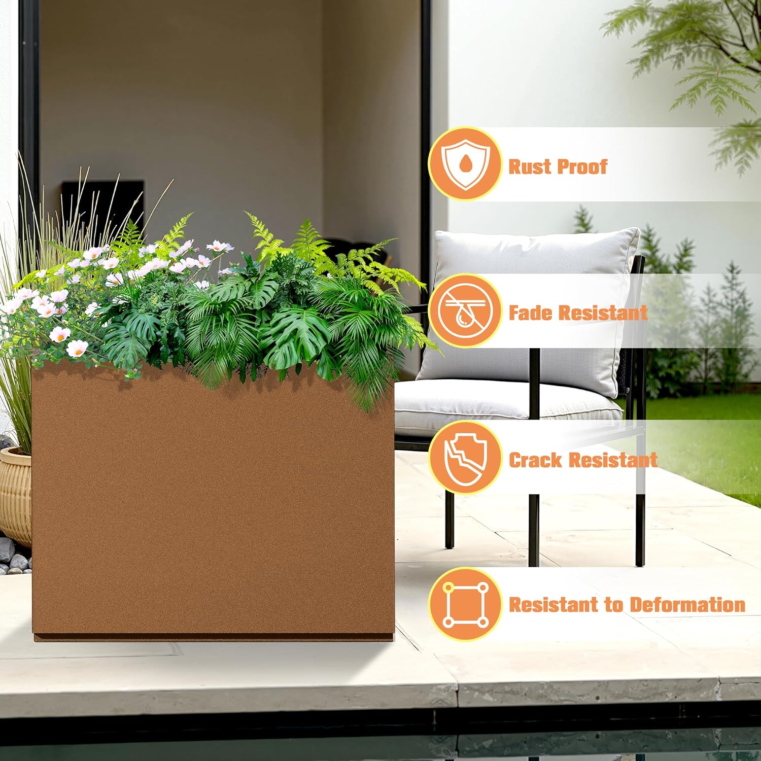 Rectangle Planter for Indoor & Outdoor, Tall and Long Planter Boxes with Drainage Holes, Mental Divider Planter Box All-Weather Use for Plants, Flowers, 29.9" L x 12" W x 24" H, Brown