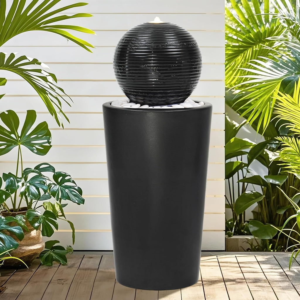 30" H Ceramic Sphere Water Fountain with LED Light, Modern Minimalist Design, Black Glaze with White Pebbles, Soothing Trickling Water Feature, Adding Artistic Charm & Tranquil Ambiance