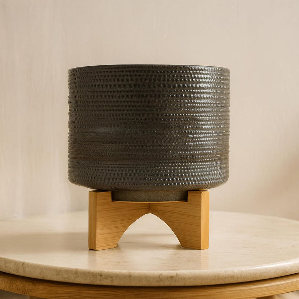 Sagebrook Home Ceramic Planter with Bamboo Stand - Textured Mid-Century Modern Plant Pot for Indoor & Outdoor Home Garden Decor - 10" Green