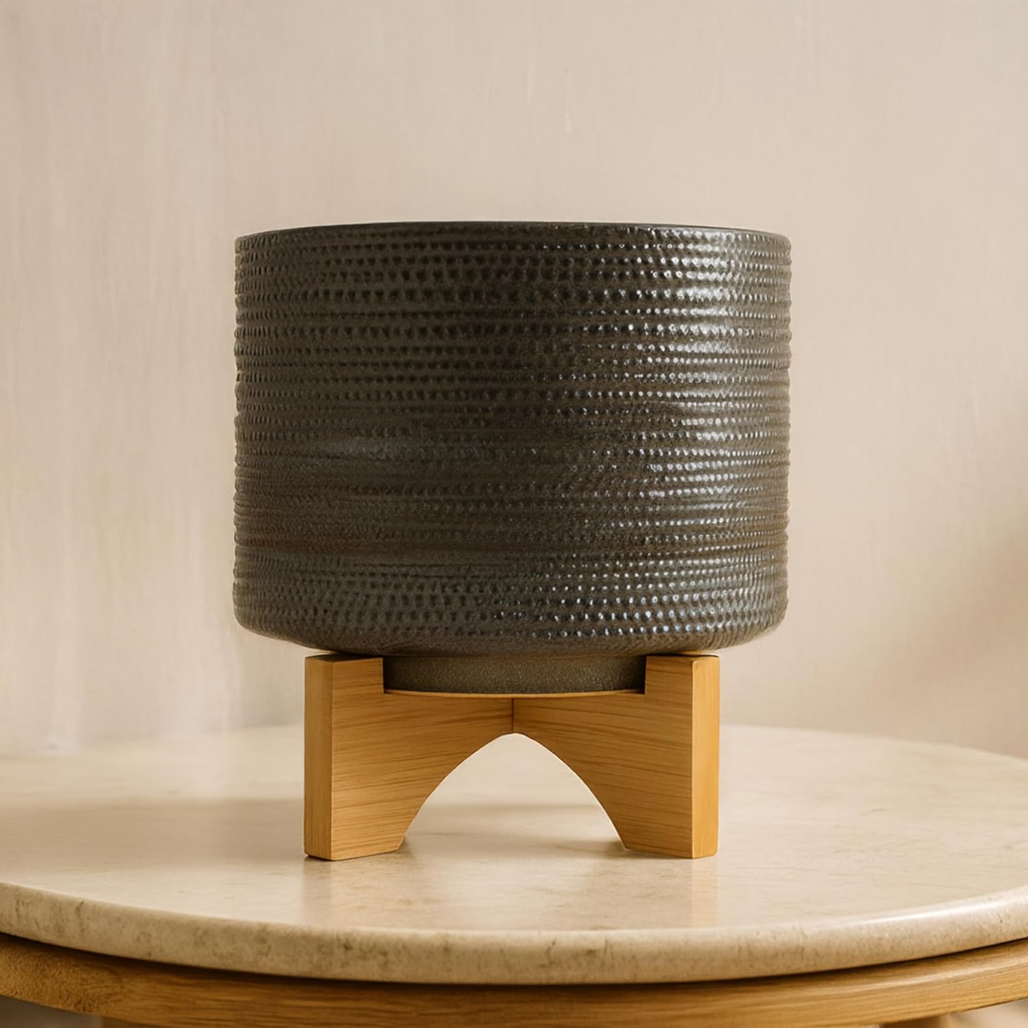 Sagebrook Home Ceramic Planter with Bamboo Stand - Textured Mid-Century Modern Plant Pot for Indoor & Outdoor Home Garden Decor - 10" Green