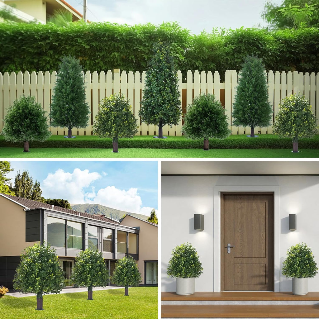 20" Artificial Boxwood Topiary Balls Trees with Ground Spike, 2 Pack UV Resistant Artificial Shrubs, Fake Evergreen Artificial Plant Brush for Indoor Outdoor Front Porch Garden