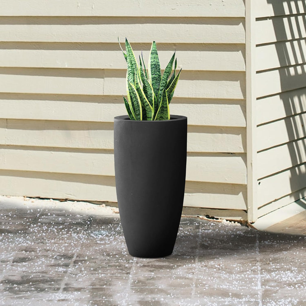 Kante 23.6" H Black Finish Concrete Tall Planters Large Outdoor Indoor Decorative Plant Pots with Drainage Hole and Rubber Plug, Modern Tapered Style for Home and Garden
