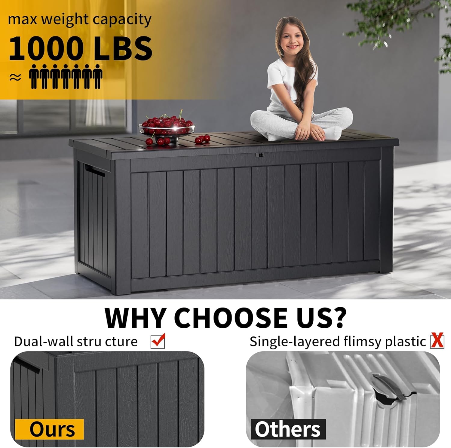 Heavy-Duty 270 Gallon Waterproof Deck Storage Box, Outdoor Storage for Garden & Patio, Lockable Resin Storage Chest for Pool Accessories, UV-Resistant, Onyx Black