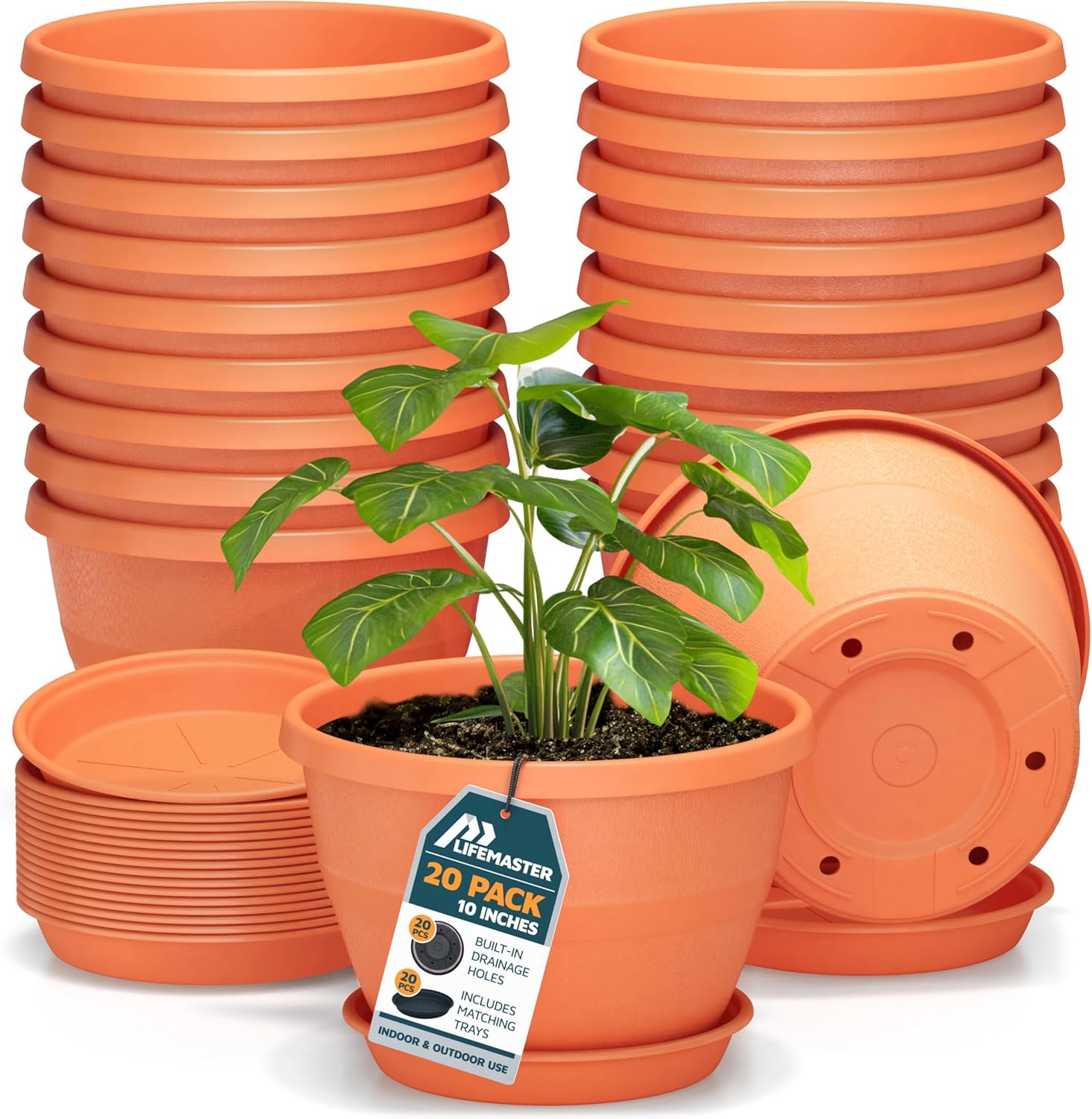 10-Inch Whiskey Barrel Planters Outdoor Pack of 20 - Durable Plastic Plant Pots for Indoor & Outdoor Use with Drainage & Saucer, Lightweight Rustic Barrel Planters for Flowers, Herbs & Small Plants