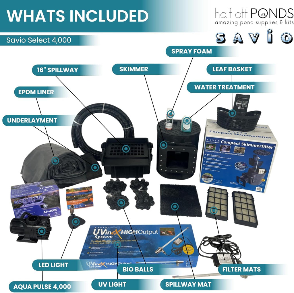 HALF OFF PONDS Savio Select 4,000 GPH Submersible Pump Pond Kit with 15' x 15' EPDM Rubber Pond Liner, UV Clarifier for Water Garden & Koi Pond