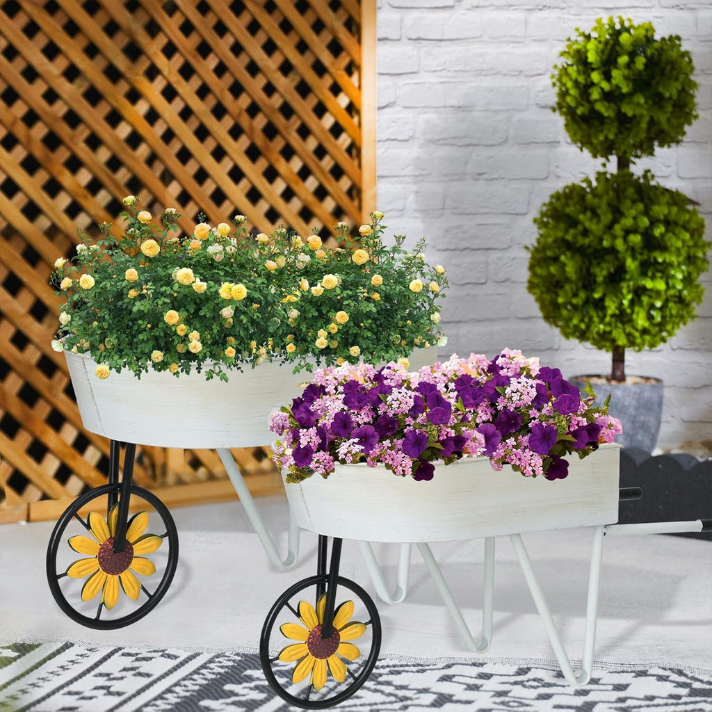 BAYN Metal Wheelbarrow Flower Cart Planter, 2 Packs Plant Stands with Triangular Support Handles Non-Rolling Wheel Vintage Wagon Planter Pots for Home Patio Garden Backyard Rustic Outdoor Decor