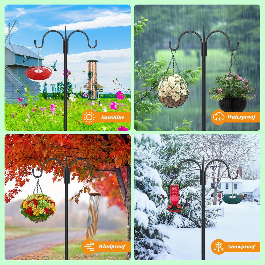 FEED GARDEN Adjustable Double Shepherds Hook for Outdoor with 5 Prong Base 63 Inch Heavy Duty Two Sided Bird Feeder Pole for Hanging Plant Baskets, Solar Light Lanterns, Wind Chimes