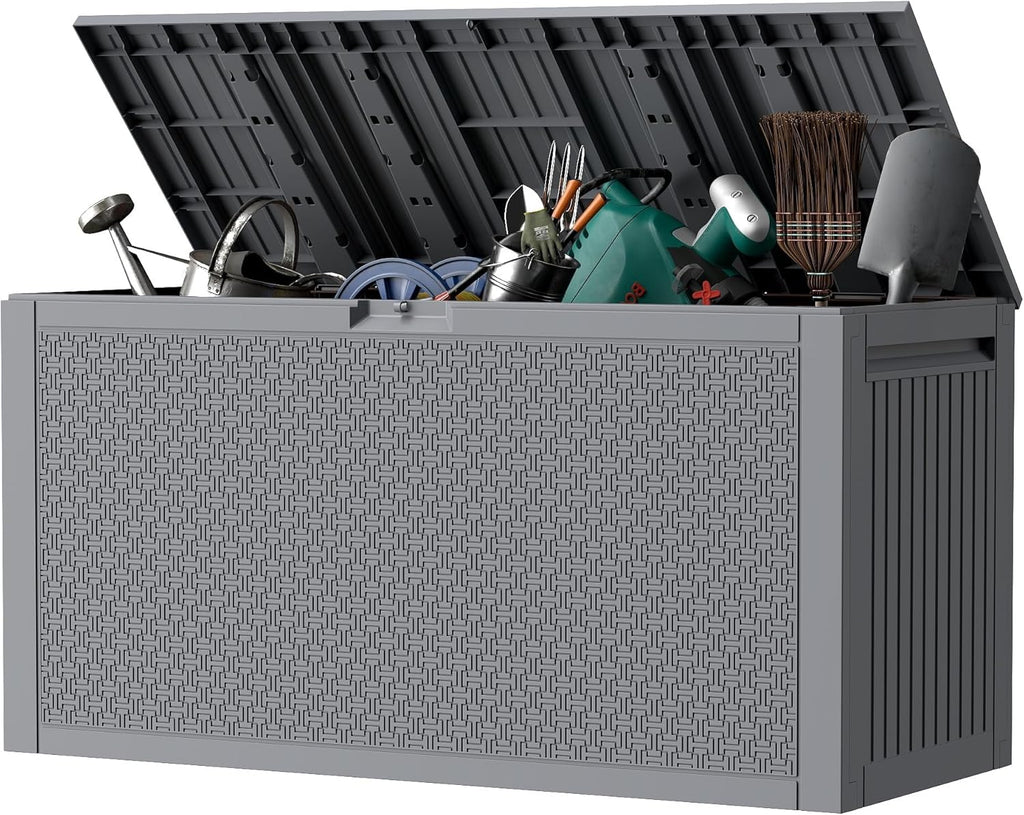 Outdoor Storage Box, 90 Gallon Deck Box, Waterproof Resin Storage Bin for Patio Cushions, Gardening Tools, Lockable, UV Resistant, Grey