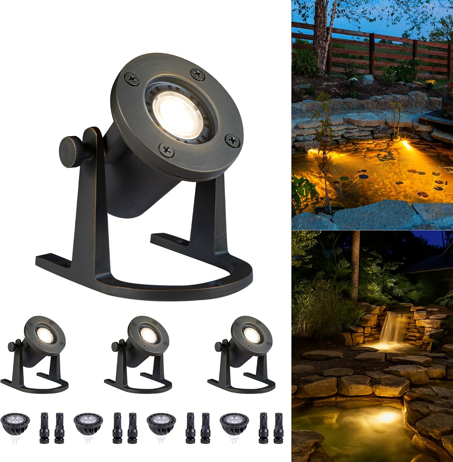 Submersible Pond Light - 12V Low Voltage IP68 Waterproof, Solid Brass Underwater Light with 5000K MR16 LED Bulb, for Water Fountains, Waterfalls, Pool and Outdoor Landscape Lighting(4 Pack)