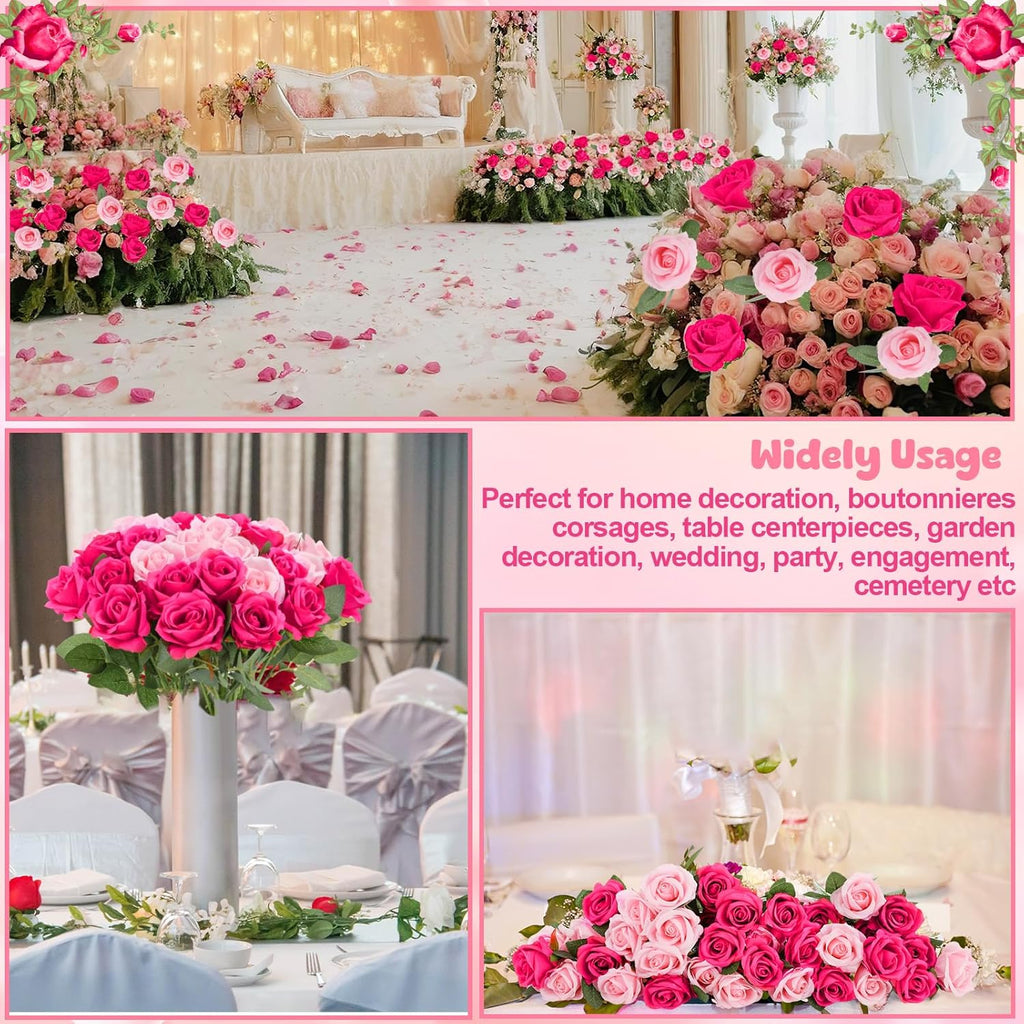 36 Pcs Pink, Hot Pink Artificial Roses with Long Stems, Fake Silk Rose Artificial Flowers Bulk for Bridal Wedding Bouquet Centerpiece Ball Arrangement Party Decor