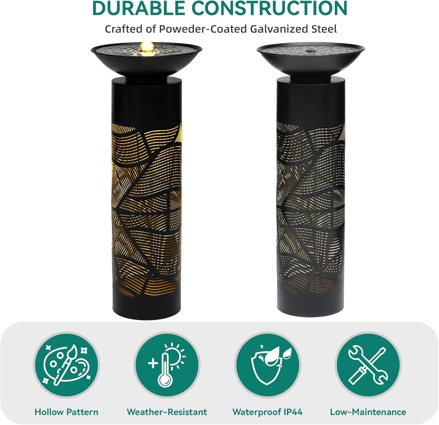 31.5" H Metal Cutout Geometric Patterns Outdoor Water Fountain with LED Lights, 2-Tier Modern Pedestal Waterfall Fountains, Ideal for Garden, Yard, Patio Décor