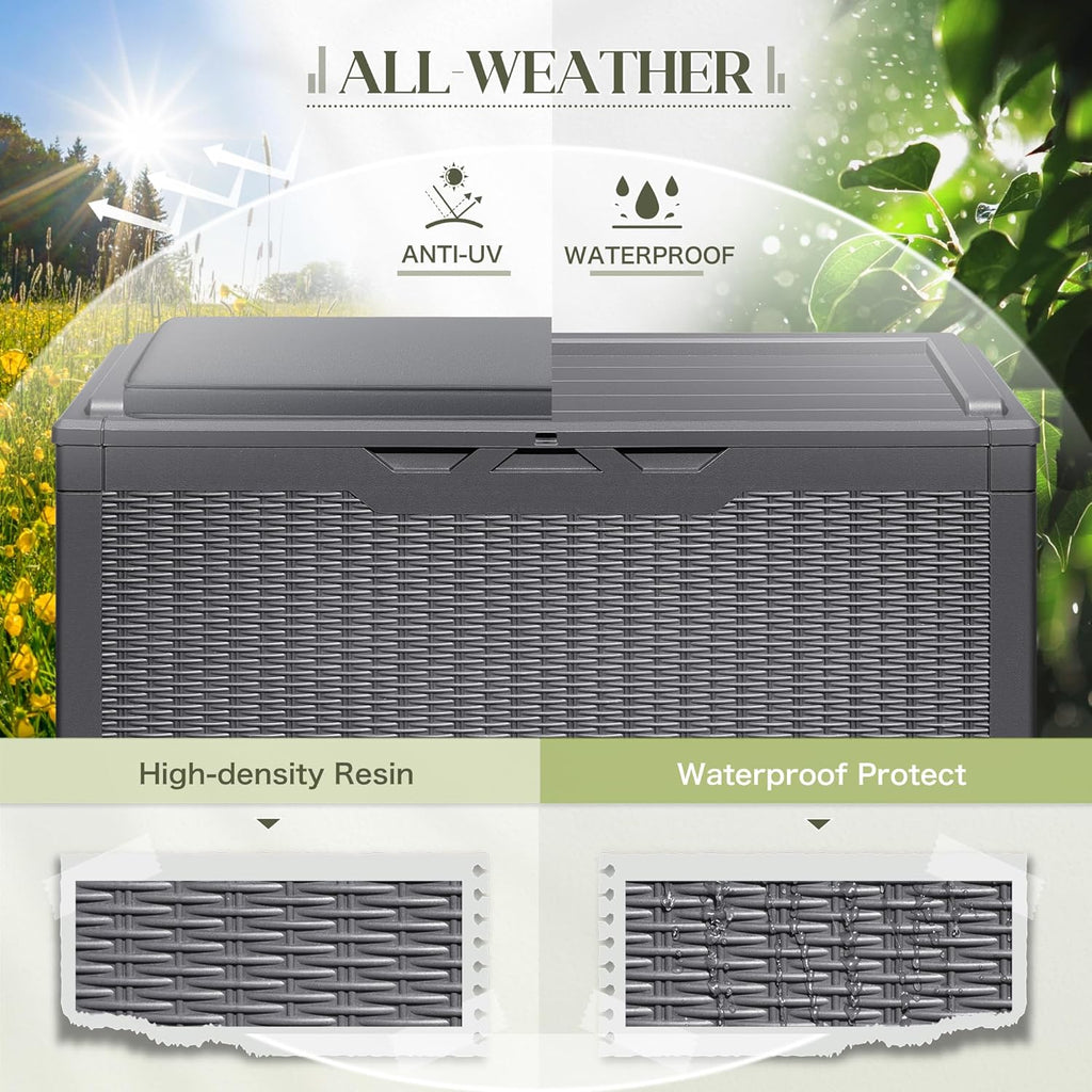 Greesum 100 Gallon Resin Deck Box Large Outdoor Storage with Cushions for Patio Furniture, Garden Tools, Pool Supplies, Weatherproof and UV Resistant, Lockable,Gray