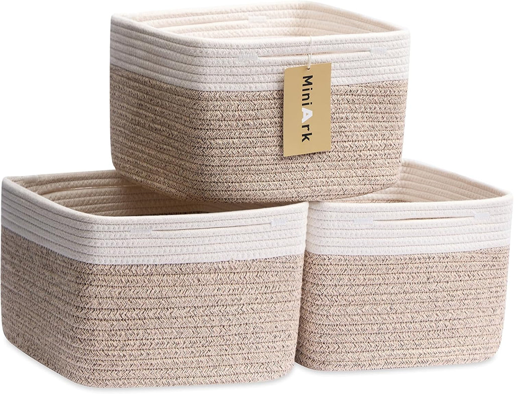 Small Organizing Baskets for Cubes Shelf, 9.7x9.7x7.1 Inch Rope Woven Storage Bins for Nursery Shelves Storage, Cute Toy Basket, Square 3 Packs Off White Brown