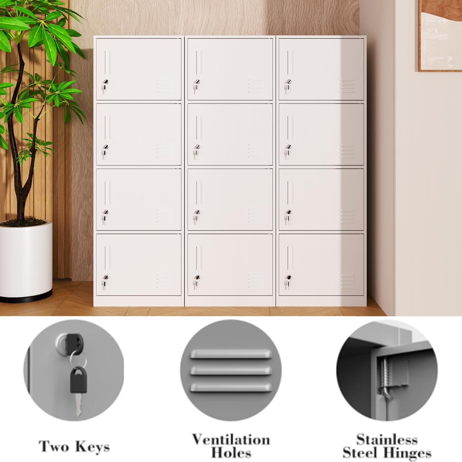 4 Door Metal Storage Locker Cabinet for Office, Home, Gym, School, Steel Cabinet to Storage File, Toys, Shoes and Sports Equipment, Locker Organizer for Gym Office Bedroom (4 Door, White)