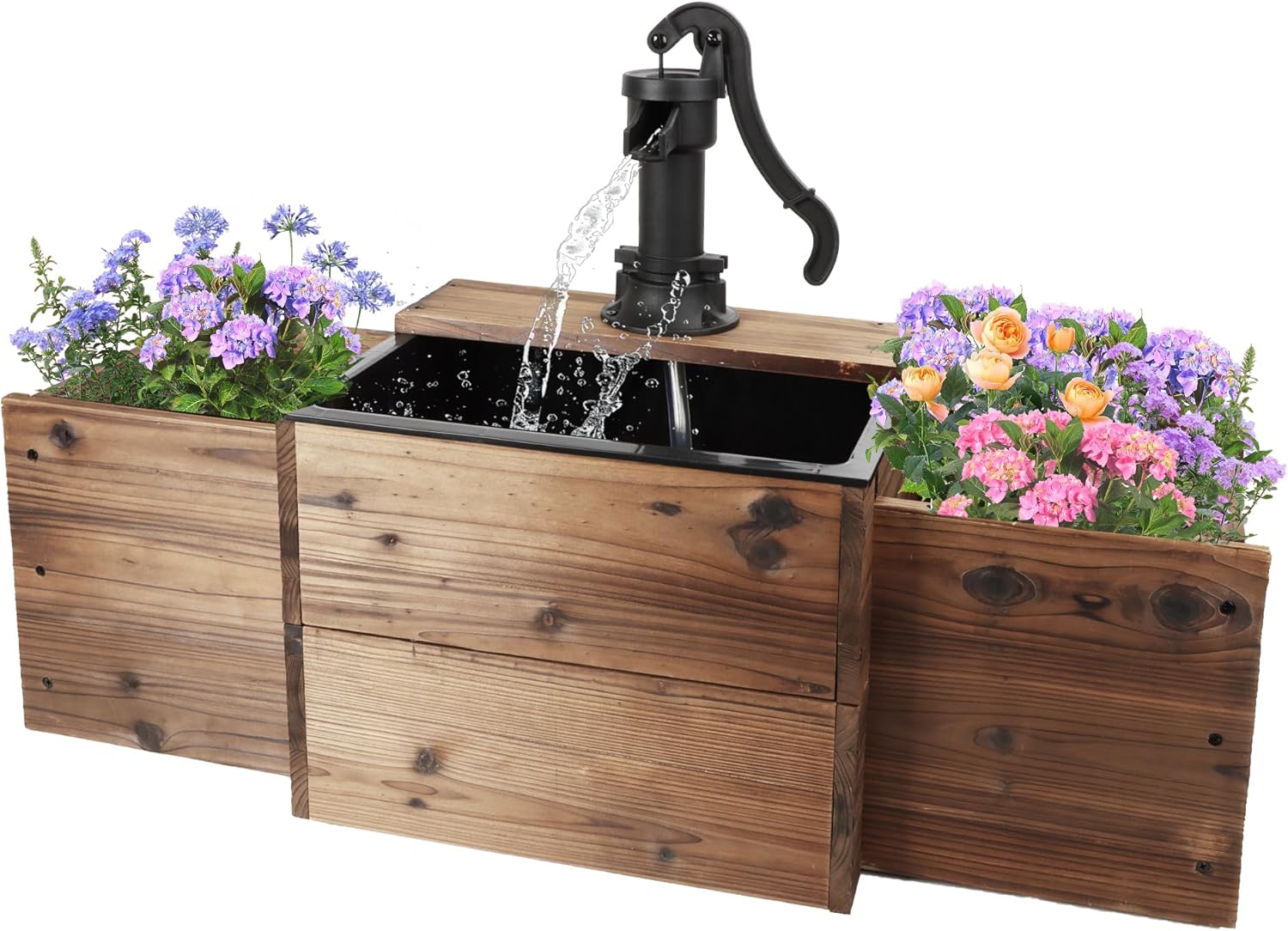 Outdoor Water Fountain,Floor Wooden Rectangular Pump Old-Fashioned Fountain with Flower Box,Electric Decorative Hand Pump, Outdoor Water Feature for Garden Patio Backyard
