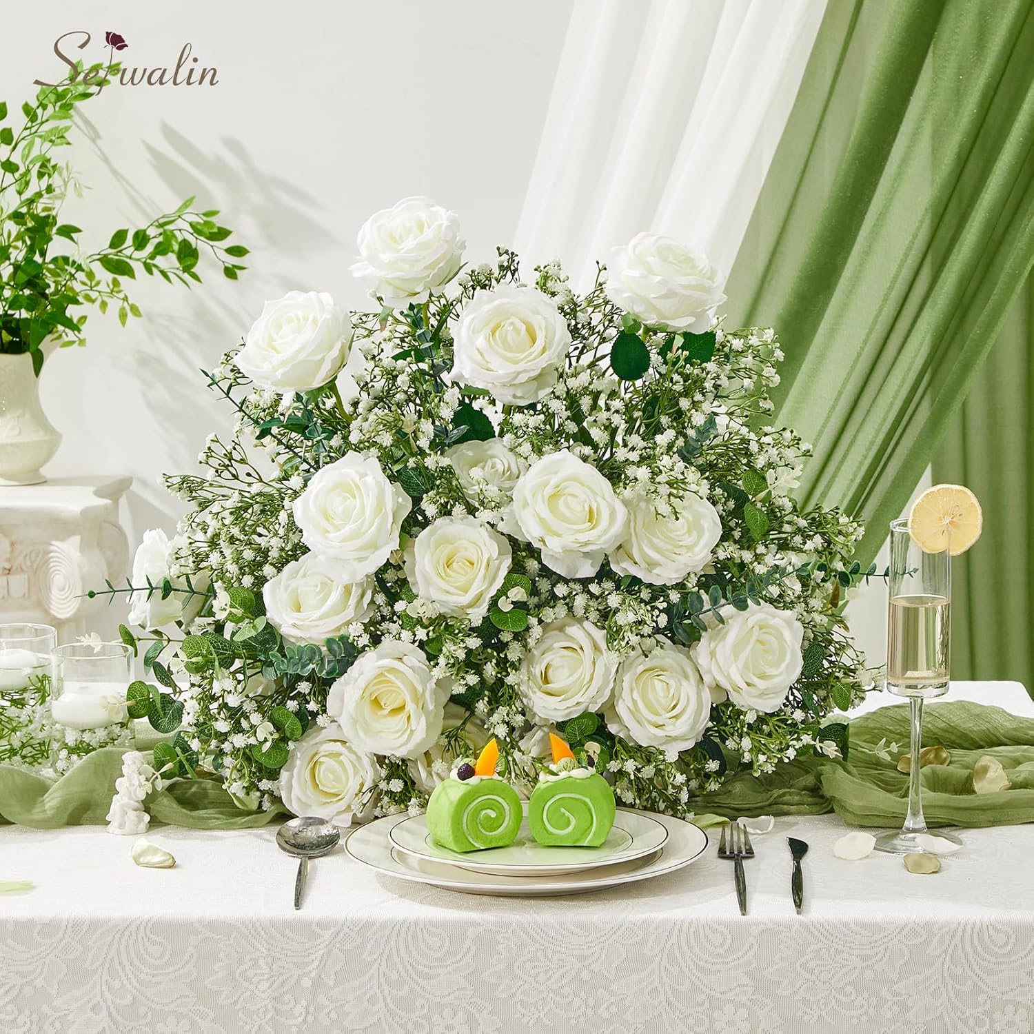 Serwalin 50pcs Artificial White Roses, 4'' Velvet Flower Head Fake Roses Bulk, Real Touch Silk Roses Realistic Bouquet Long Stems Wedding Home Decor and Table Centerpiece