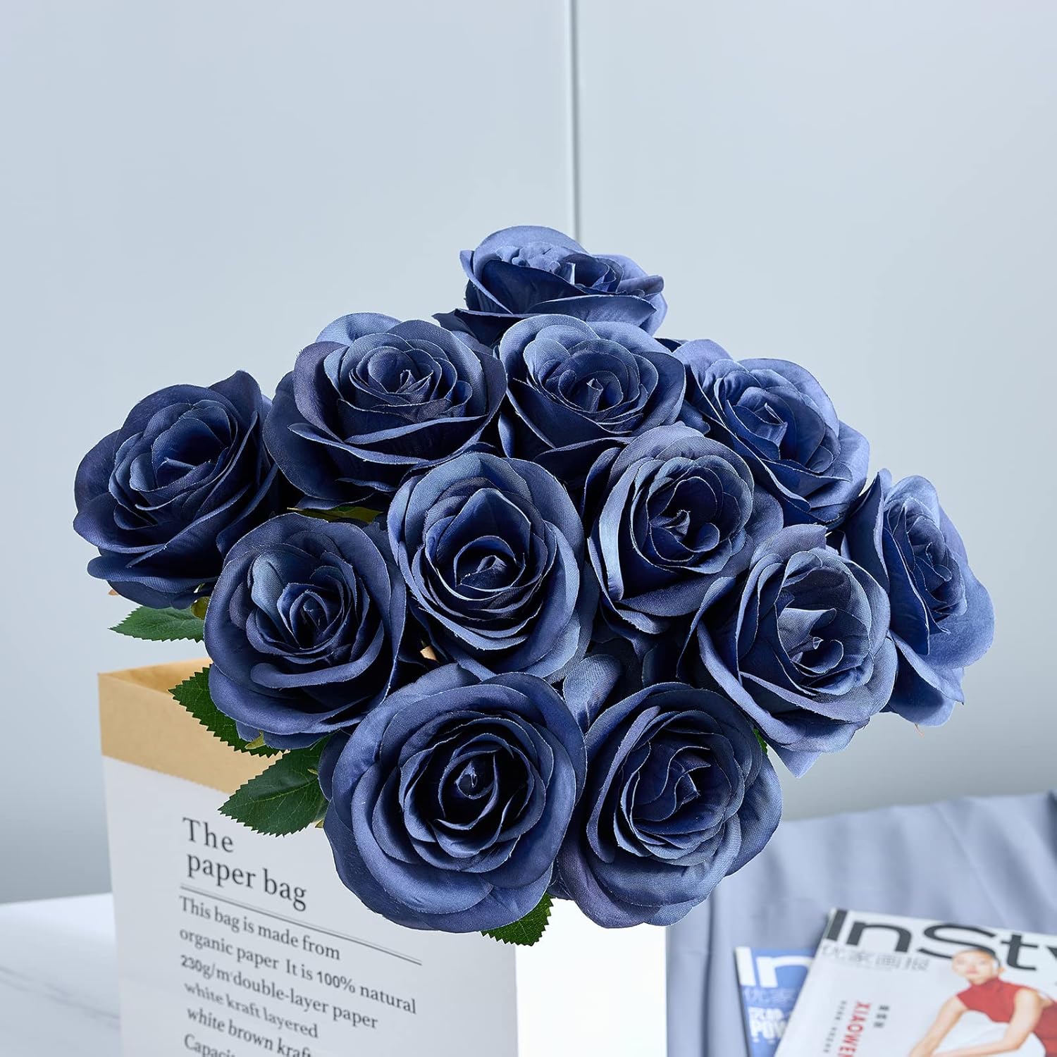 12pcs Roses Artificial Flowers Fake Roses Navy Blue Silk Roses Navy Silk Flowers Rose with Long Stems for Wedding Home Party Centerpieces Decorations