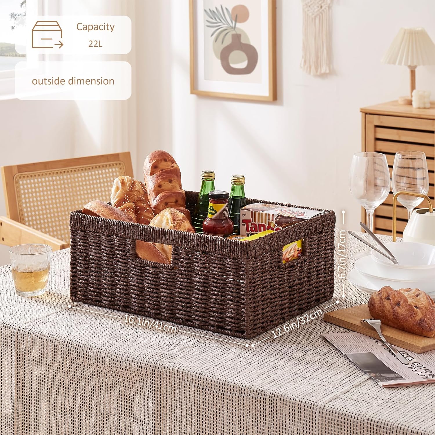 OIAHOMY Wicker Basket, Paper Shelf Basket with Built-in Handles, Rectangular Wicker Storage Bin for Pantry, Shelves, 1 Pack-Brown