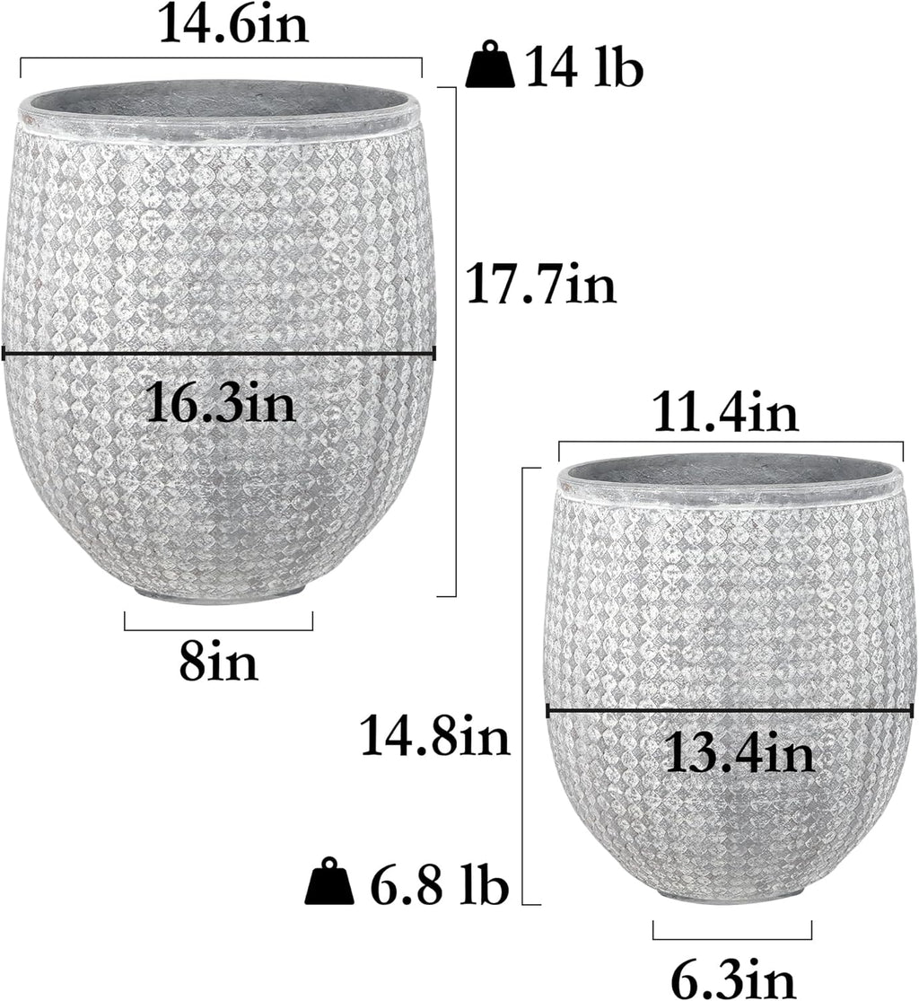 Worth Garden Large Round Planters Set of 2 (14.5"x17.5" & 12" x15“) - Lightweight Magnesium Oxide Cement Plant Pot with Texture - Grey Concrete Look with Drainage Hole – Indoor & Outdoor Use
