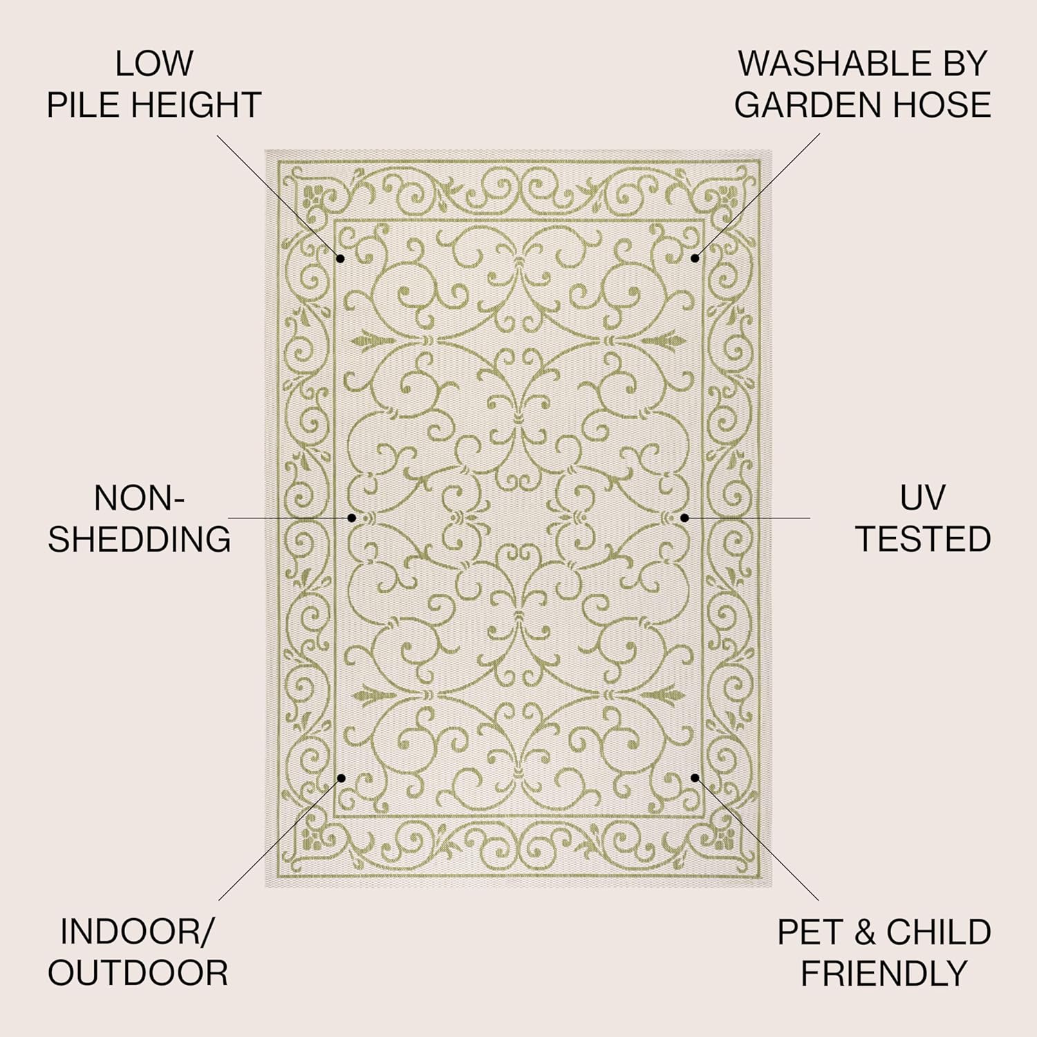 JONATHAN Y SMB106I-5R Charleston Vintage Filigree Textured Weave Indoor Outdoor Area Rug, Bohemian Coastal Traditional Easy Cleaning,Bedroom,Kitchen,Backyard,Patio,Non Shedding, 5' Round, Cream/Green