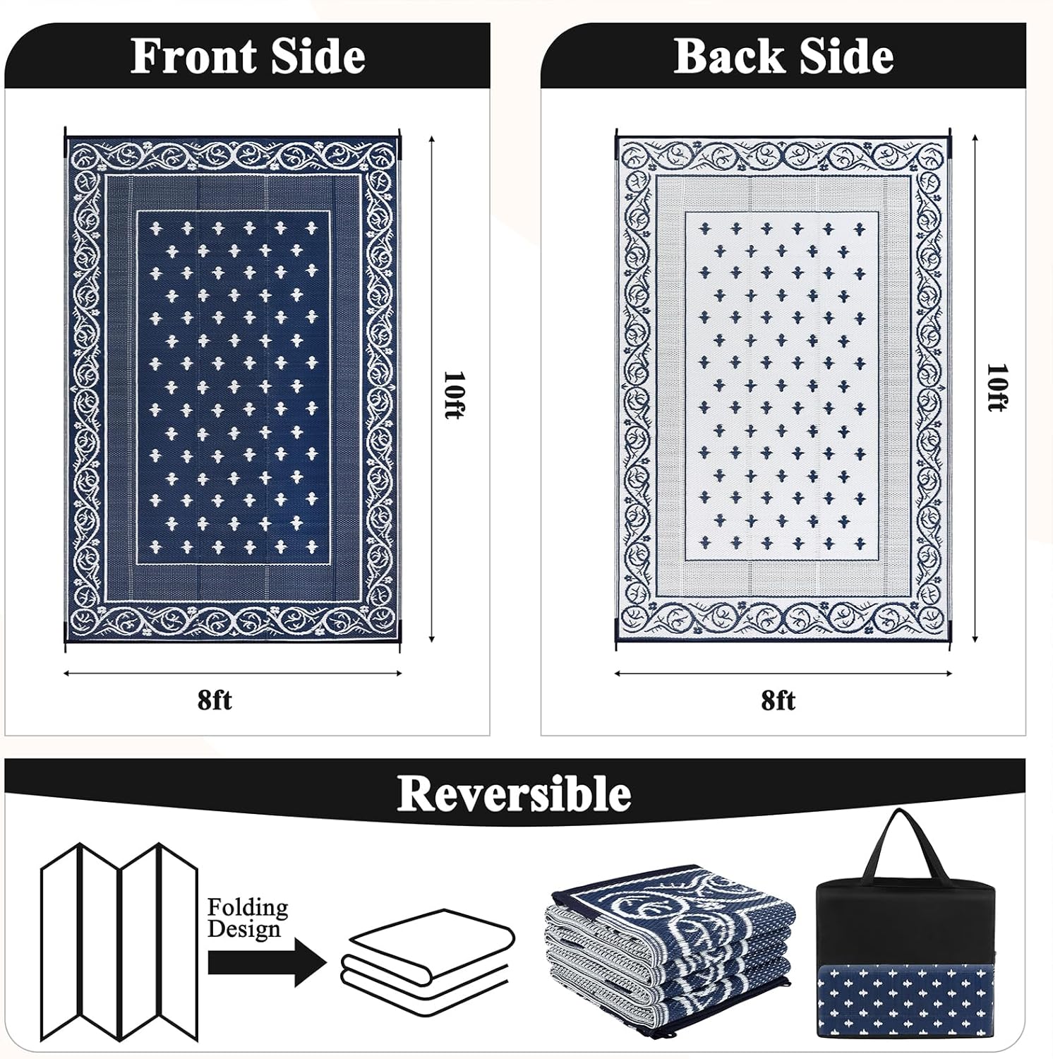 Pauwer Waterproof Outdoor Rug 8x10, Reversible Plastic Straw Patio Camping Rug, Indoor Outdoor RV Mat Carpet for Deck, Camper, Porch, Balcony, Backyard, Picnic, Bordered Navy