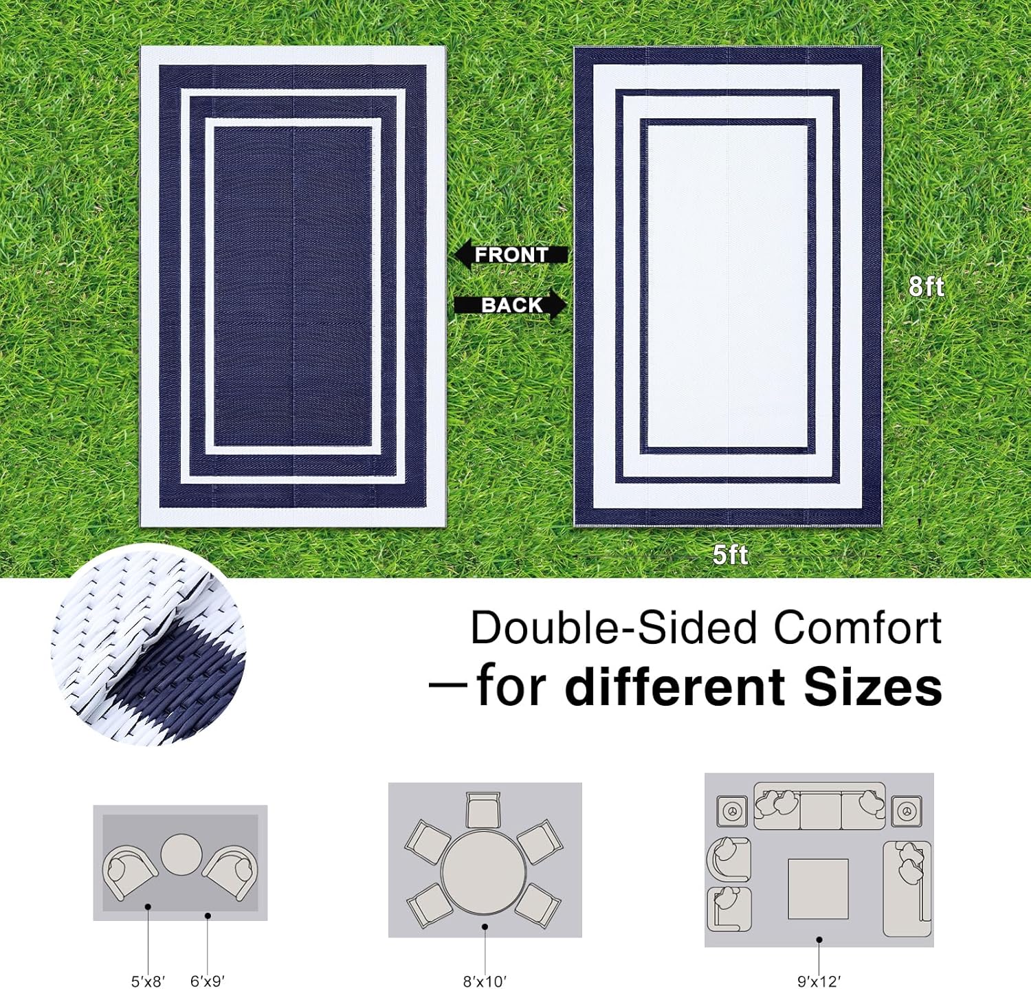 OLANLY Outdoor Rug 5x8 ft Waterproof, Reversible Outdoor Plastic Straw Rug, RV Mat, Indoor Outdoor Carpet Clearance for Patio, Camping, Balcony, Deck, Backyard, Navy & White
