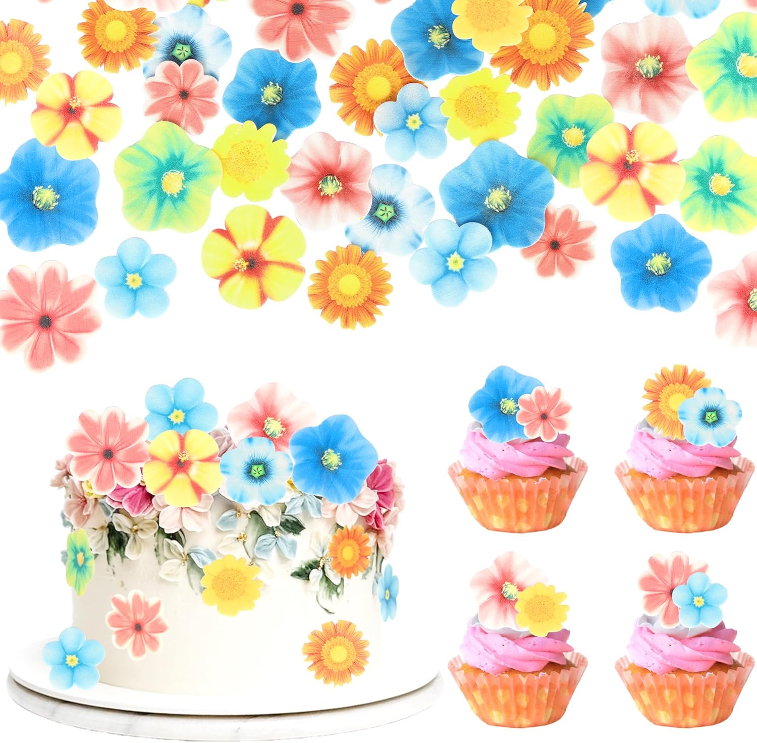 80 PCS Edible Flowers Cake Decorations Edible Daisy Cupcake Toppers Sunflower Cupcake Decoration Flower Birthday Party Decor for Baby Shower Wedding Birthday Party Cake Food Decorations Supplies