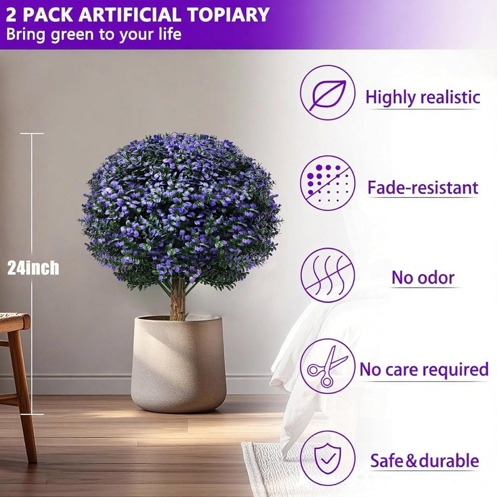 Set of 2 Artificial Boxwood Topiary Ball Trees Outdoor Faux Shrubs Artificial Boxwood Plants with Ground Spike, 24" Lavender Fake Evergreen Tree UV Resistant for Planter,Potted,Fall