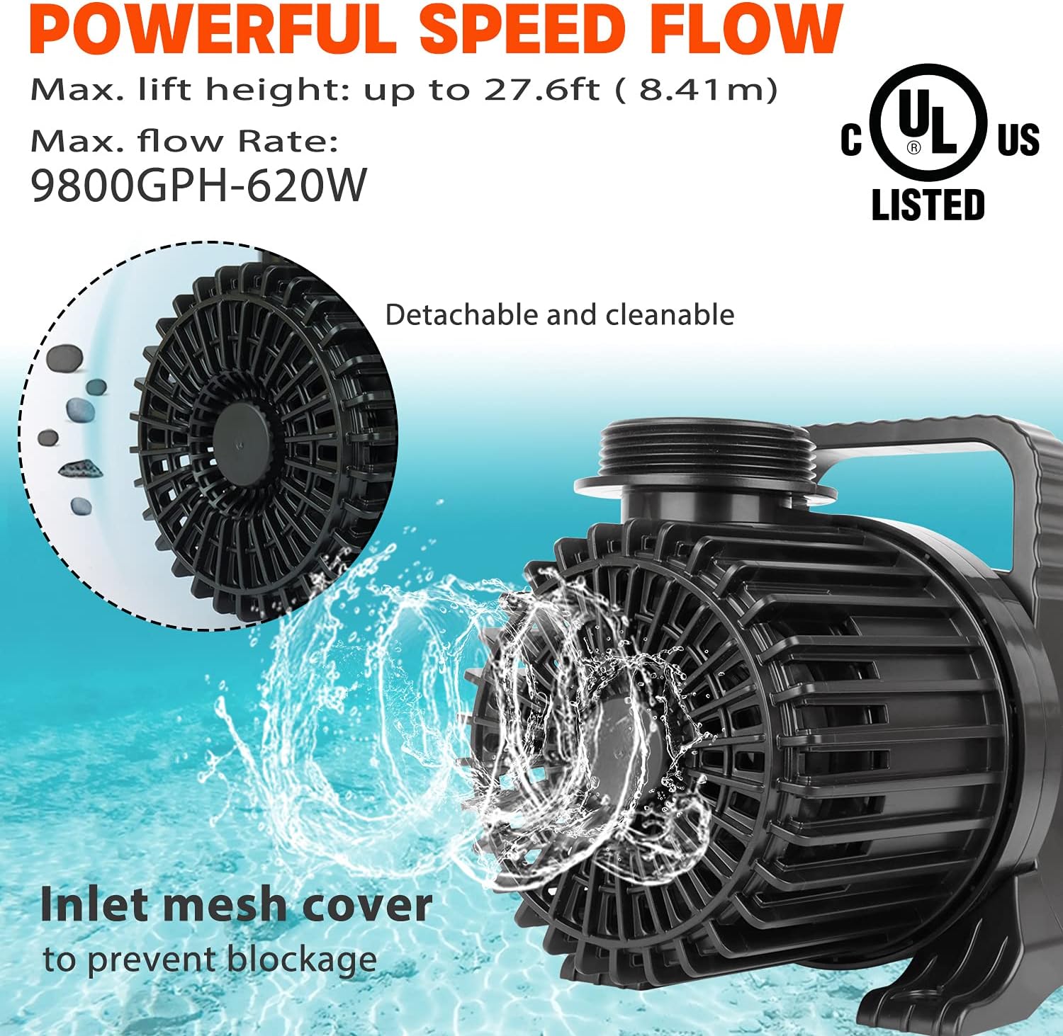 WaterRebirth (9800GPH-620W,UL listed) High Flow Submersible Pond Water Aquarium Pump Multi Scenario Application