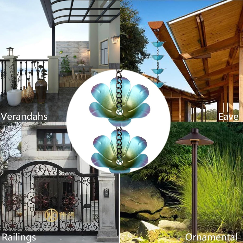 9FT Wrought Iron Rain Chain Set with 1 Adapter,Rain Chains for Outside with Rain Chain 16 Cups Flowers and Decorative Small Bell (Blue-Purple)