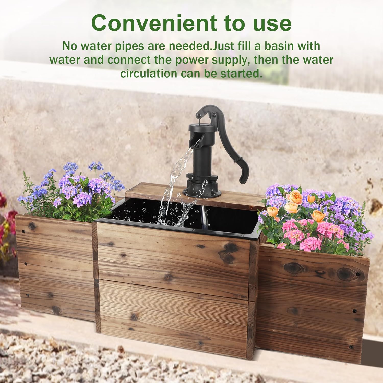 Outdoor Water Fountain,Floor Wooden Rectangular Pump Old-Fashioned Fountain with Flower Box,Electric Decorative Hand Pump, Outdoor Water Feature for Garden Patio Backyard