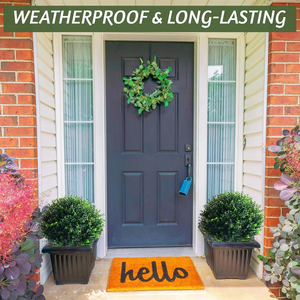 Yunlly 2 Pcs 18 Inch Artificial Boxwood Ball Topiary Tree Fake Outdoor Plants Bush, UV Resistance Faux Shrubs with Spike Realistic Greenery Potted for Indoor Garden Yard Porch Patio Decor (Dark Green)