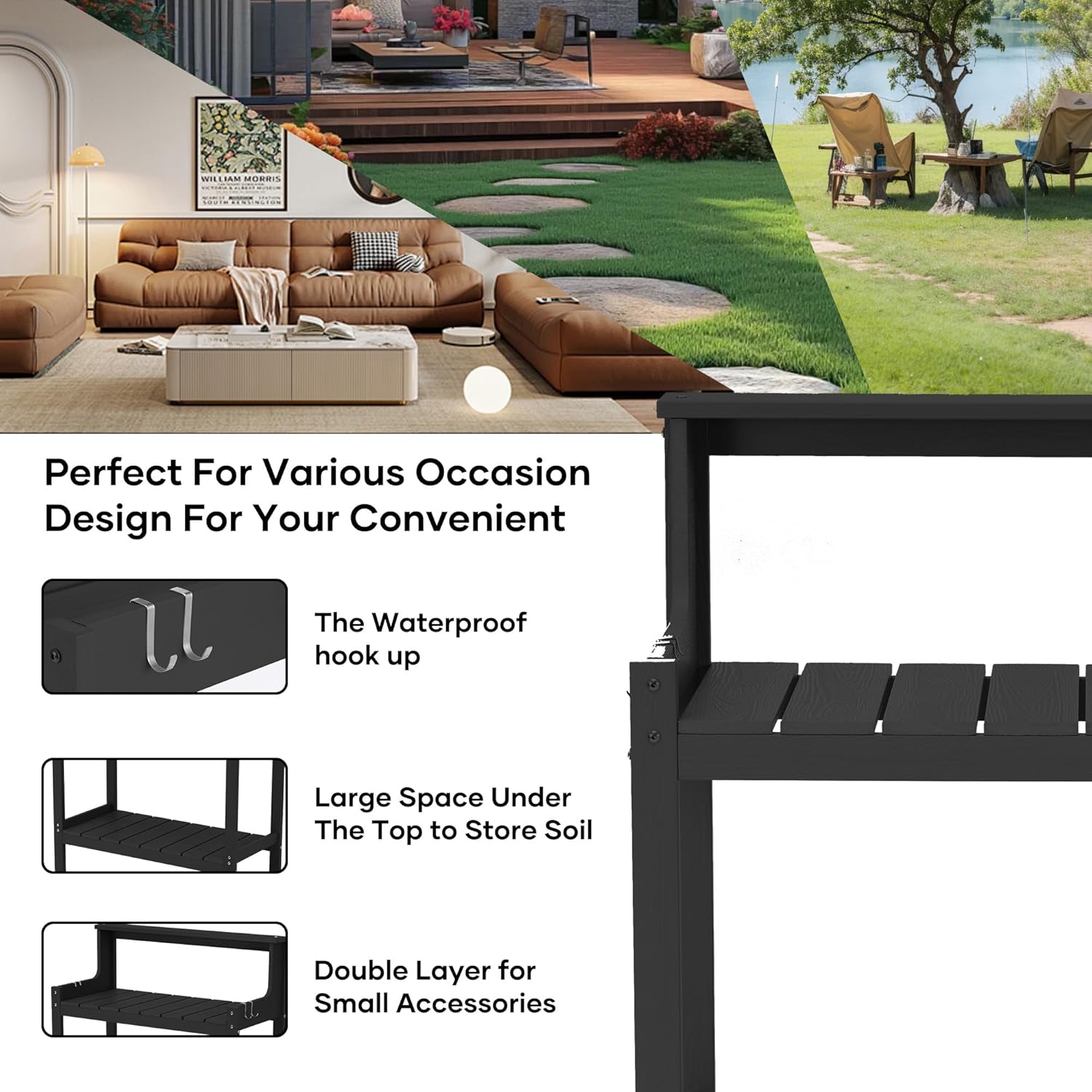 Outdoor Potting Bench HDPS Potting Table with 4 Side Hooks All-Weather Garden Table Work Station 360lbs Capacity Garden Potting Bench for Porch Black
