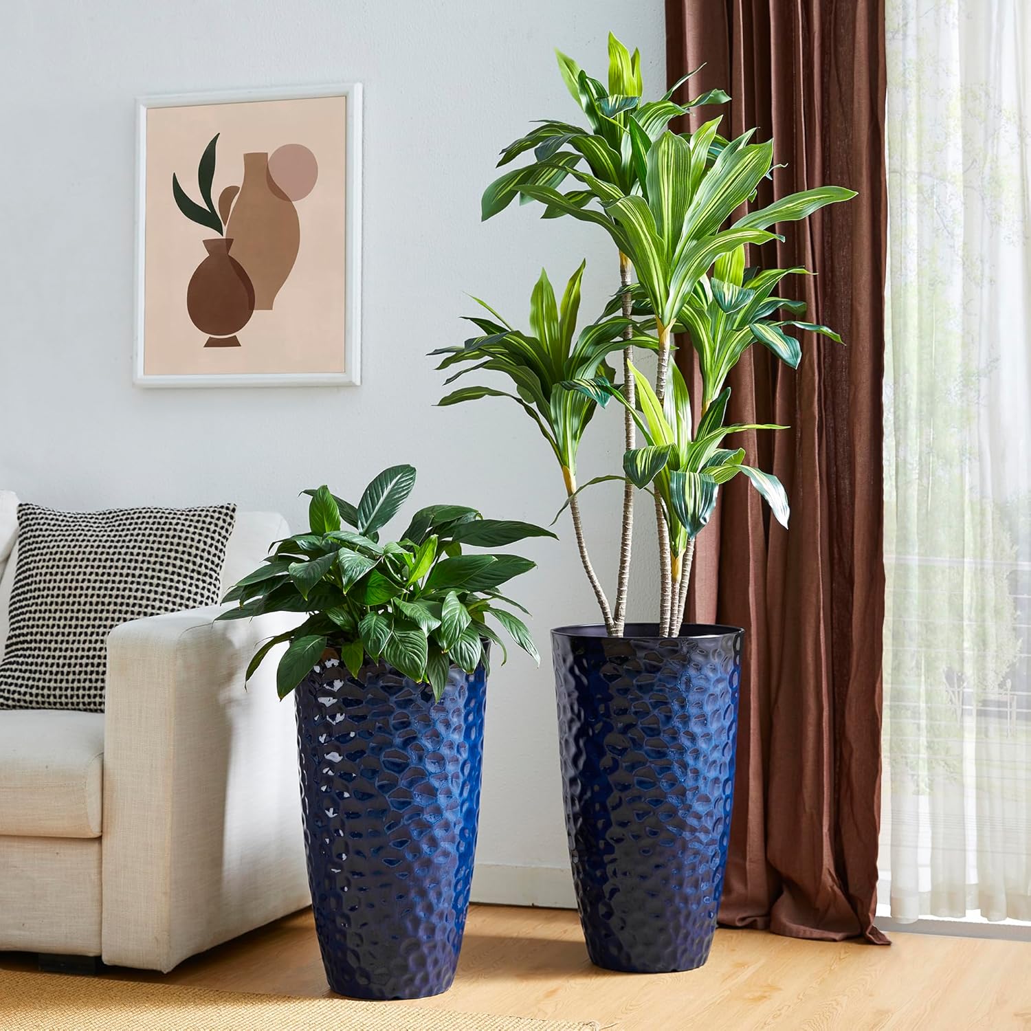 Glitzhome 23.75" H Oversized Tall Planter,Modern Set of 2 Honeycomb Textured Gradient Cobalt Blue Round Garden Plant Pots with Drainage Holes Flower Containers for Indoor Outdoor,Front Porch,Patio