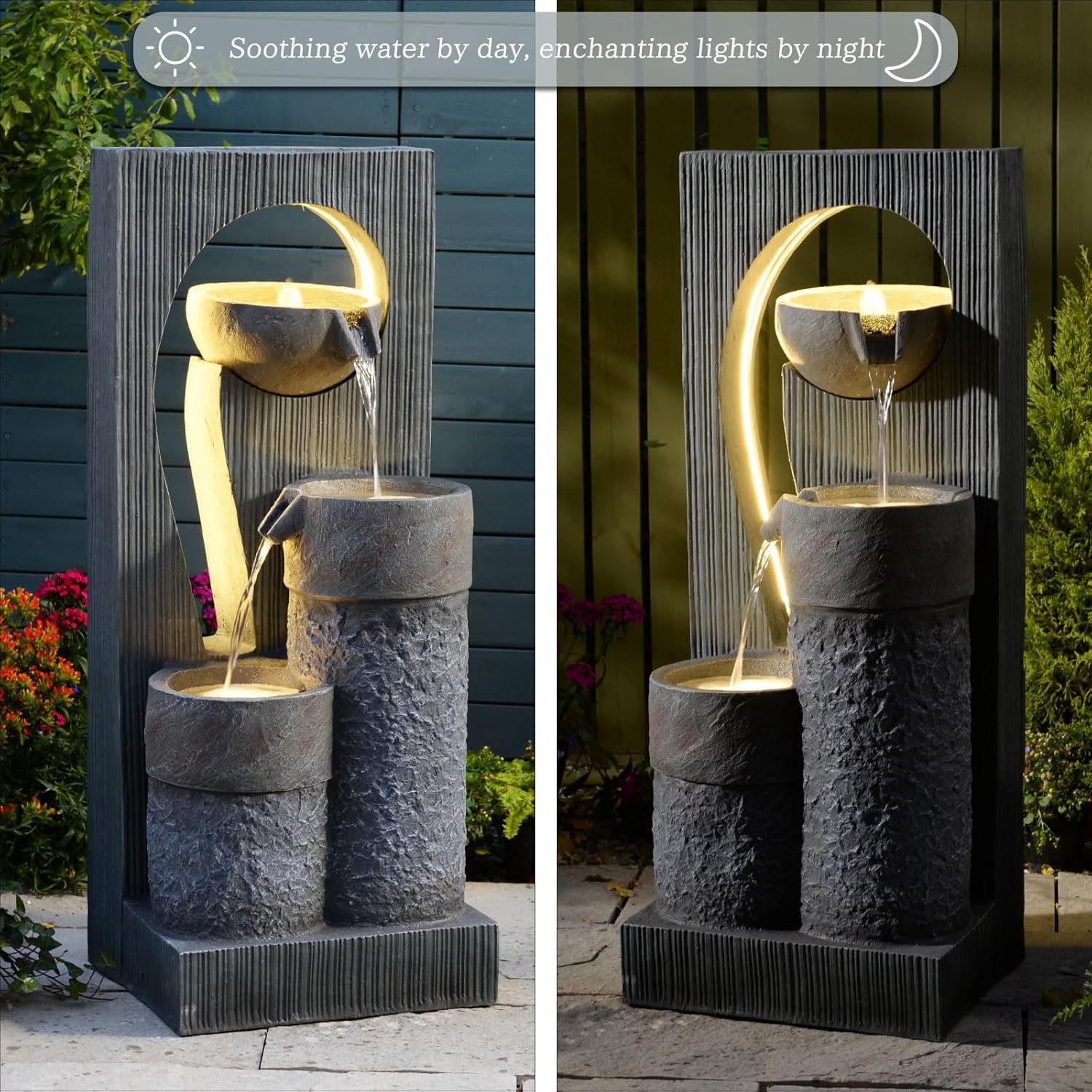 Outdoor Water Fountain for Patio & Garden, 41" Modern Stone-Look Fountain with LED Lights & Cascading Waterfall – UV-Resistant Freestanding Indoor/Outdoor Water Feature