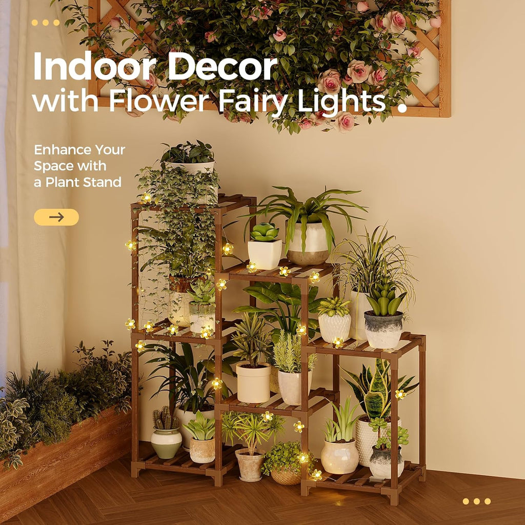 Bamworld Plant Stand Indoor with Flower Fairy Lights Battery Plant Shelf Wood Plant Rack for Multiple Plants 3 Tiers Ladder Plant Holder for 7 Pots for Living Room Home Decor for Gardening Gifts