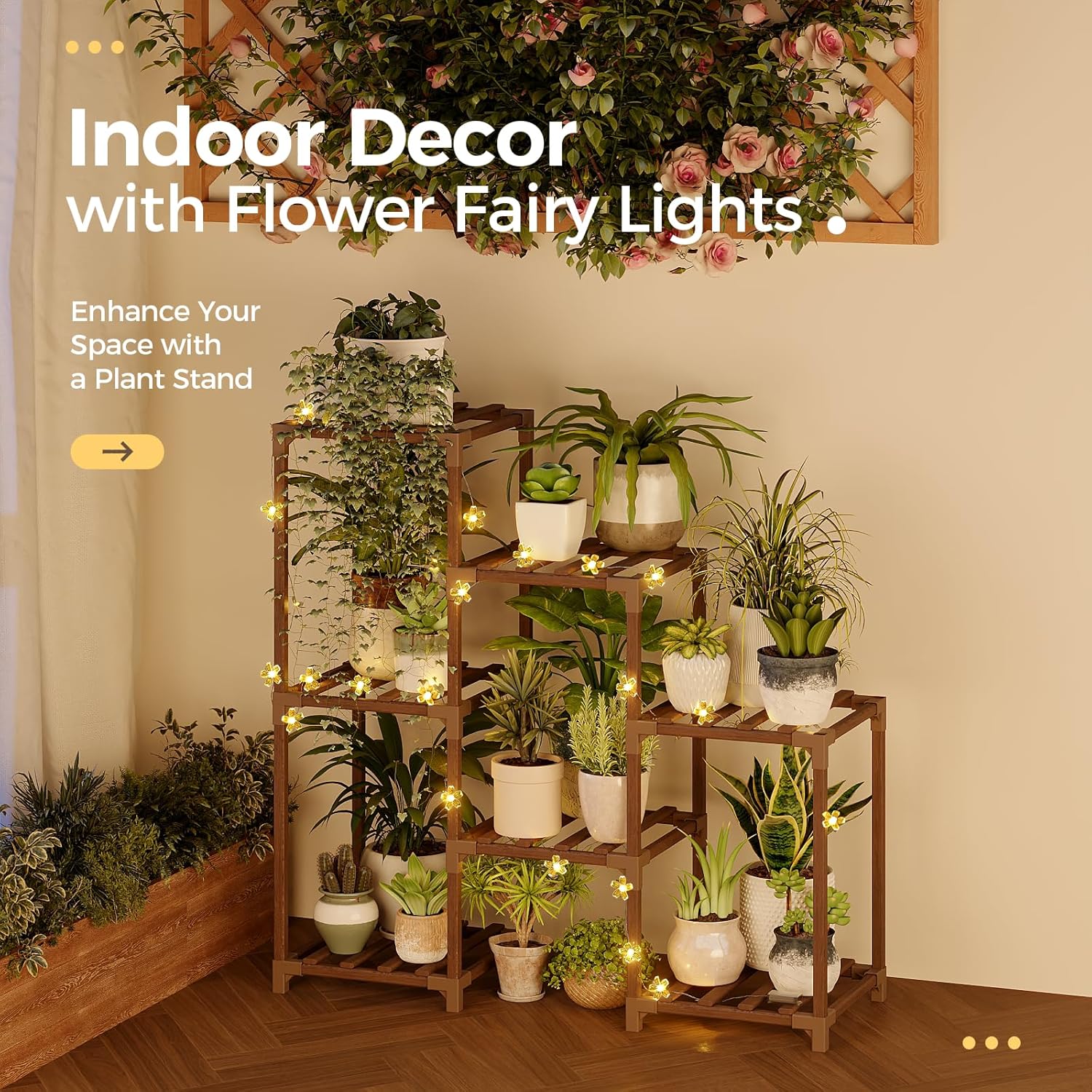 Bamworld Plant Stand Indoor with Flower Fairy Lights Battery Plant Shelf Wood Plant Rack for Multiple Plants 3 Tiers Ladder Plant Holder for 7 Pots for Living Room Home Decor for Gardening Gifts