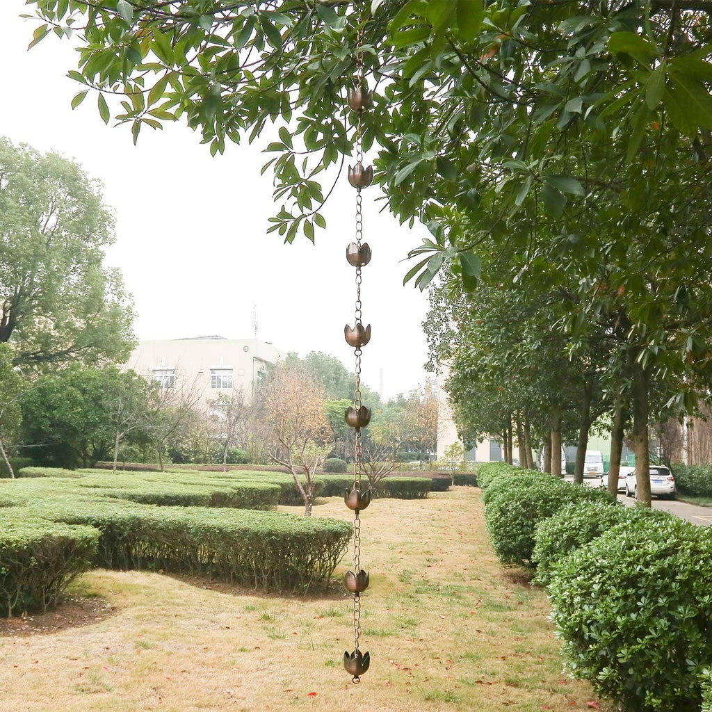 DUSVALLY Rain Chain, 5.85 FT Lotus Metal Rain Chain, Functional and Decorative Replacement for Gutter Downspouts, Divert Water and Home Display, Adjustable, Antique Brown