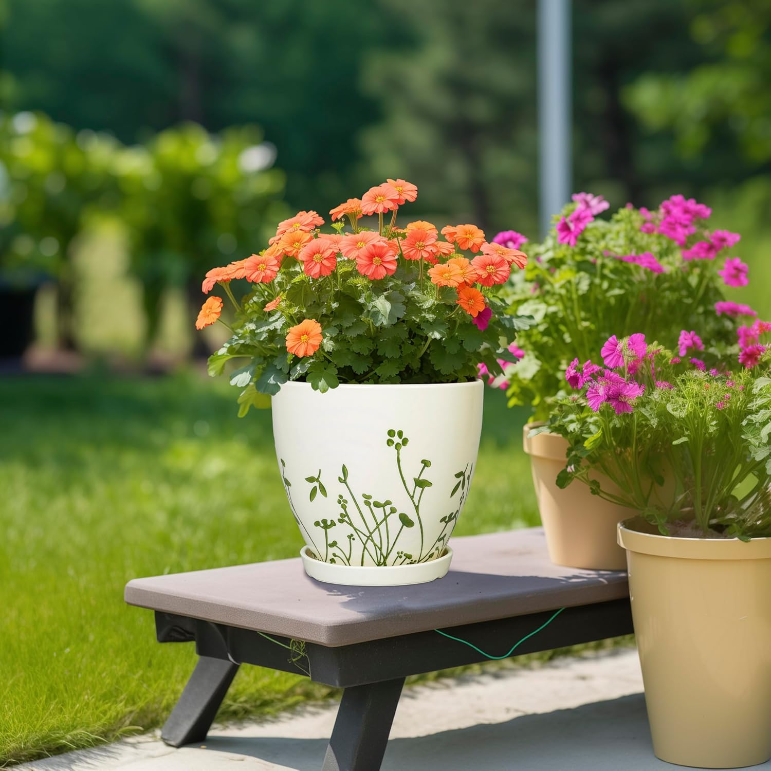 Indoor Plant Pot 8.2 Inch - Ceramic Planter with Drainage Hole and Saucer, Boho Round Decorative Flower Pot for Indoor Outdoor Flowers, Plant Lover Gifts, Office Home Garden Patio Decor, White