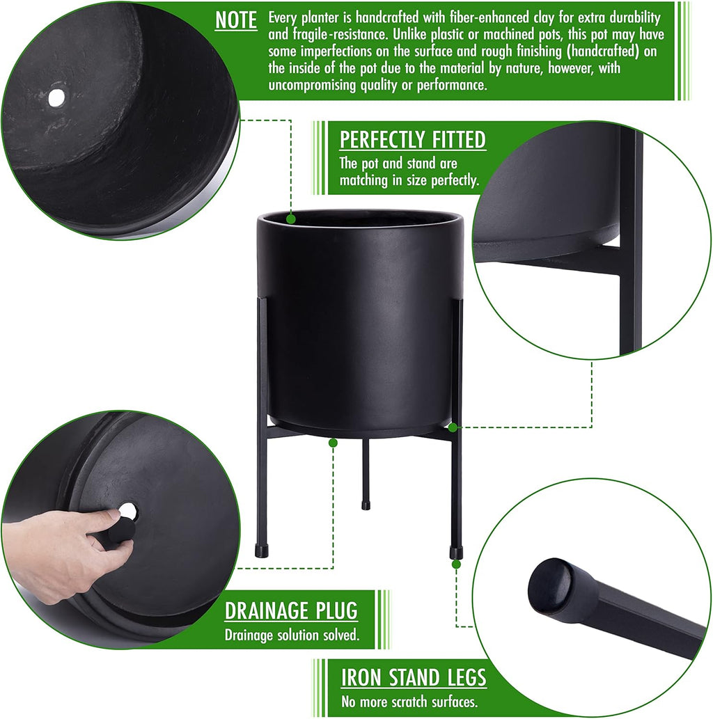 D'vine Dev Modern Black Plants Pot Cylinder Planter with Heavy Duty Stand, Medium 10 Inch Pot, 16.3 Inch with Stand Height, 96-T-B-2
