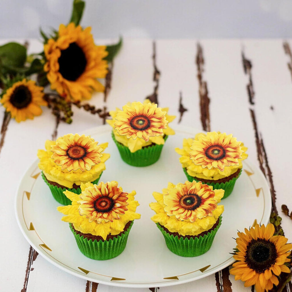 60 PCS Edible Sunflower Cupcake Toppers Edible Flowers Cake Decorations Edible Paper Sunflower Party Decorations for Baby Shower Sunflower Birthday Party Cake Toppers Food Decorations Supplies
