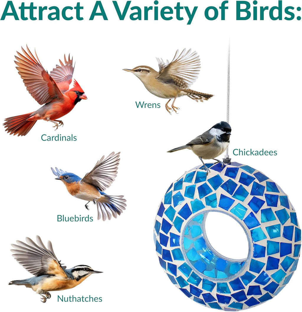 Sunnydaze 6-Inch Glass Mosaic Hanging Bird Feeder for Outdoors - Fly-Through Wild Bird Feeder - Blue Mosaic