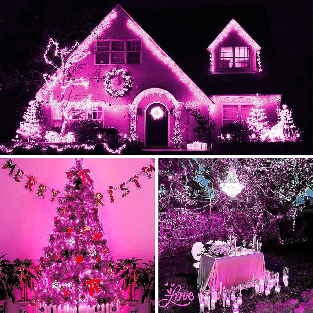 Solar String Lights Outdoor, 2-Pack Total 80FT 200 LED Solar Christmas Twinkle Lights Outside Waterproof Copper Wire 8 Modes Solar Fairy Lights for Garden Tree Party Birthday Christmas Decor (Pink)